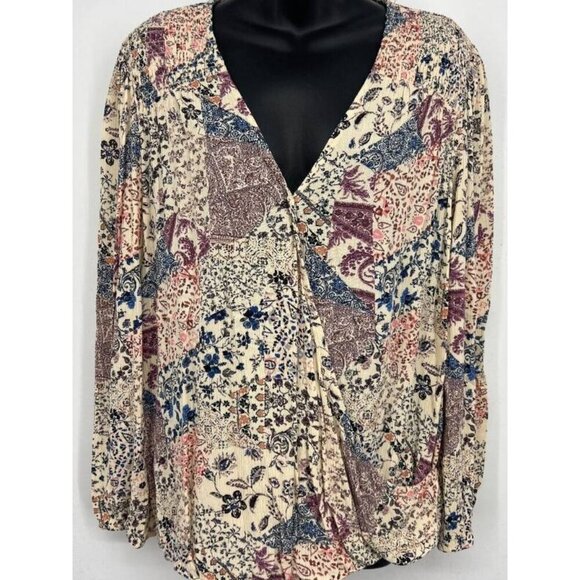 Knox Rose Women Boho Blouse Top Size Large L Pink Floral Long Sleeve V-Neck EUC - Picture 1 of 8